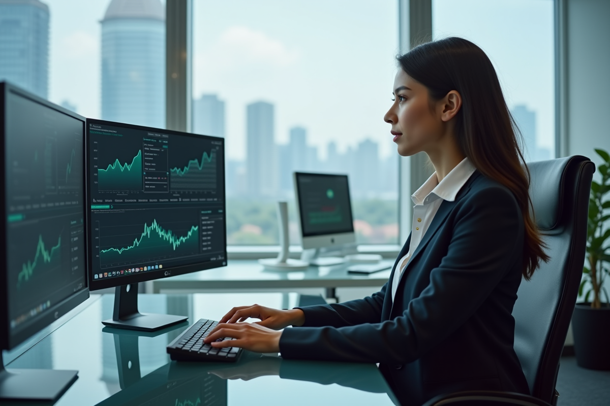 Jeune analyste financier au bureau avec écrans de graphiques