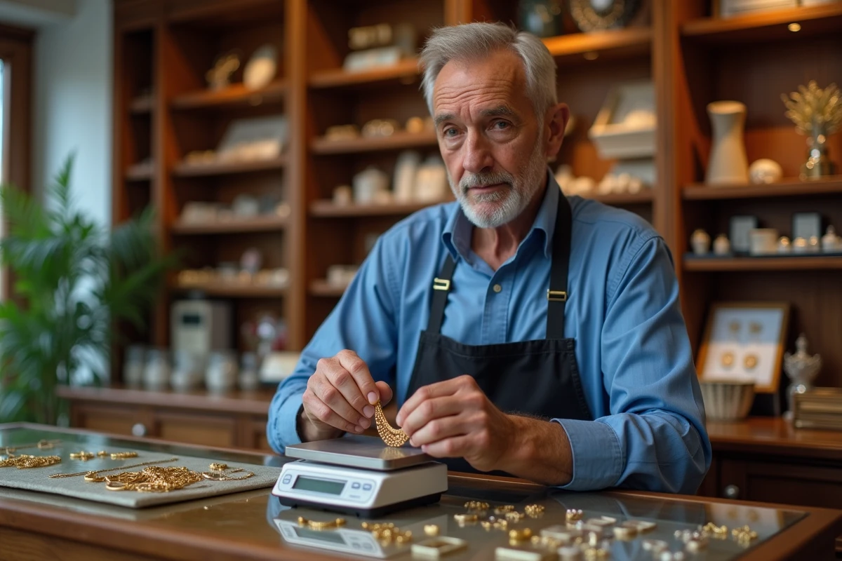 Bijoutier pesant un collier en or dans une boutique chaleureuse