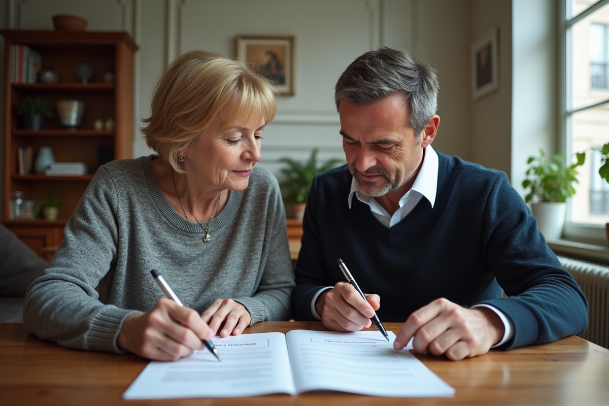 Couple discutant de documents financiers à la maison