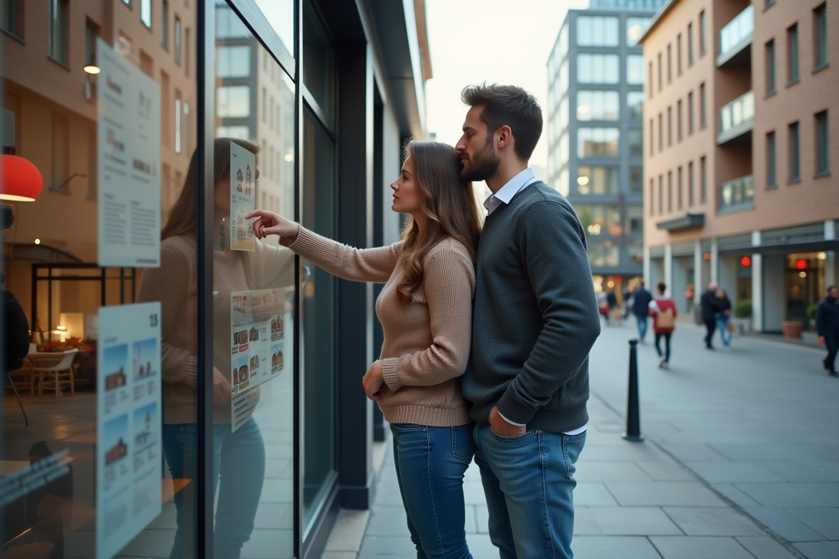 Jeune couple regarde des annonces immobilières devant une agence