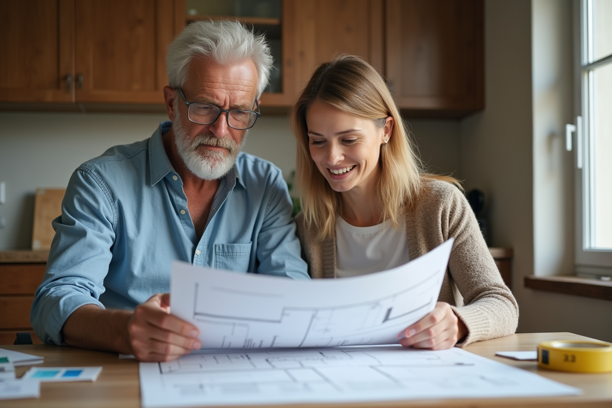 Couple d'âge moyen examinant des plans de rénovation intérieure