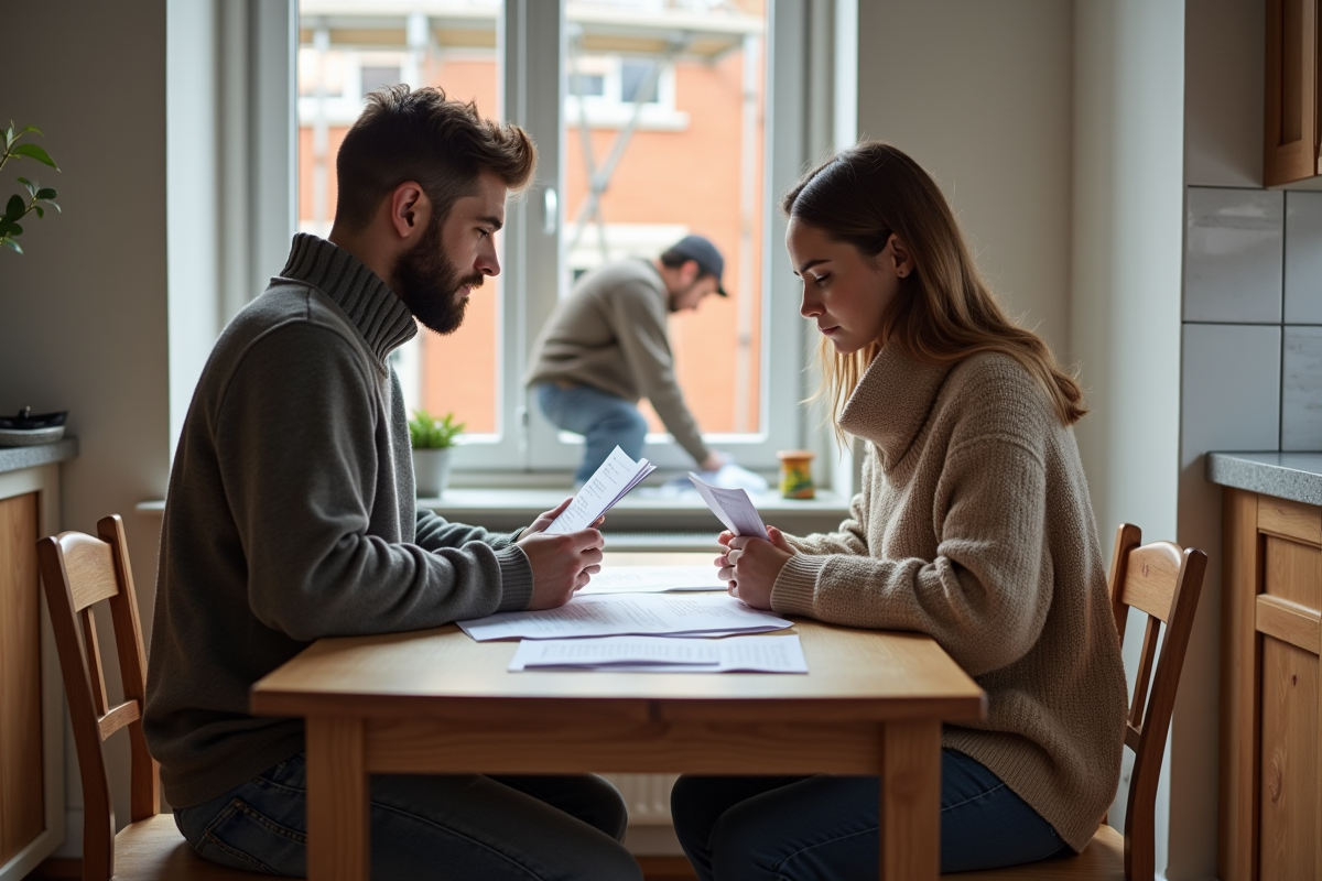 Jeune couple examinant factures de renovation dans la cuisine