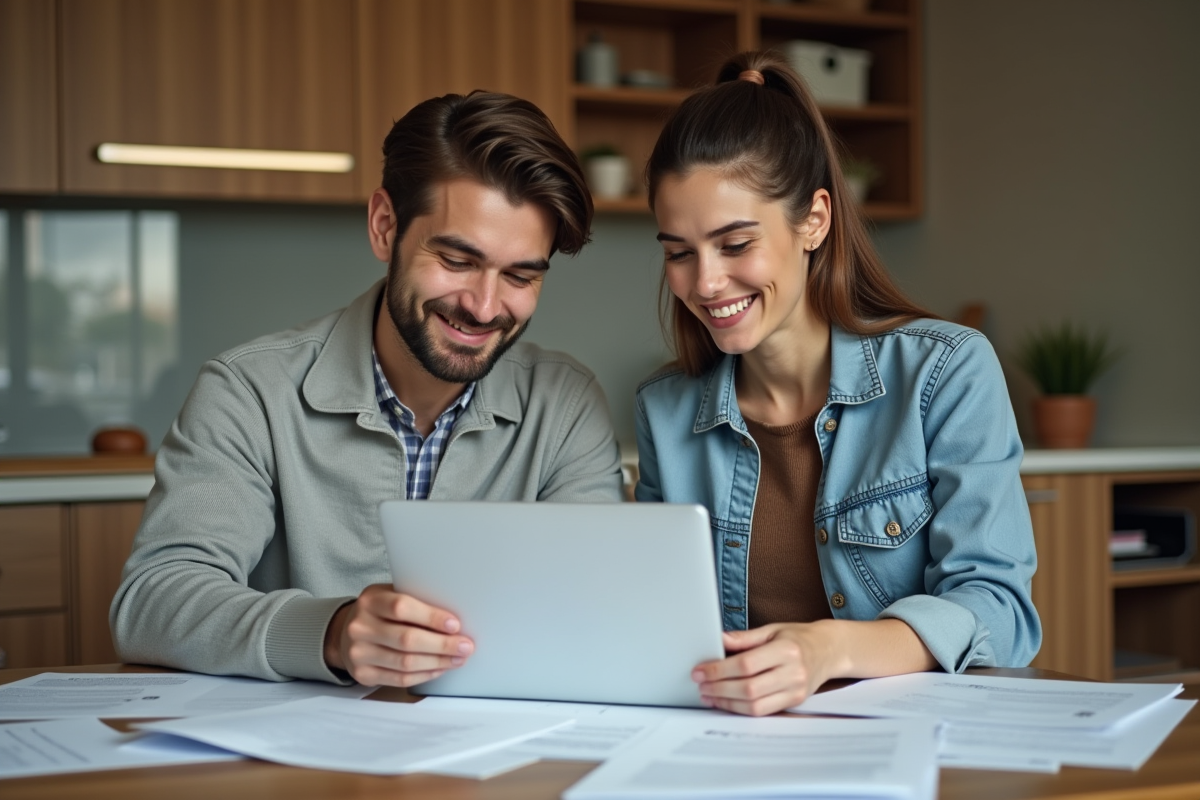 Jeune couple souriant en travaillant à la maison