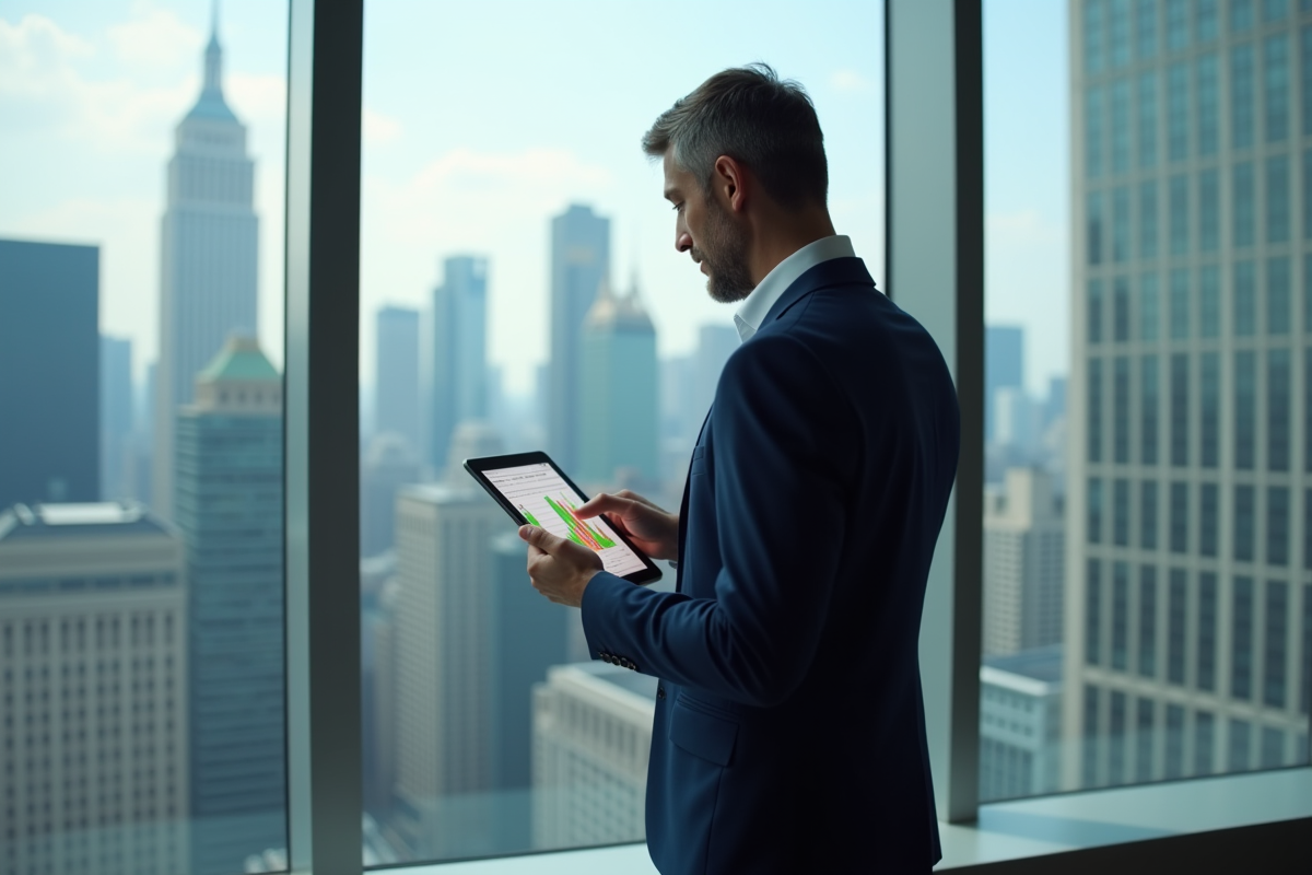 Economiste en costume regardant la ville depuis une fenêtre