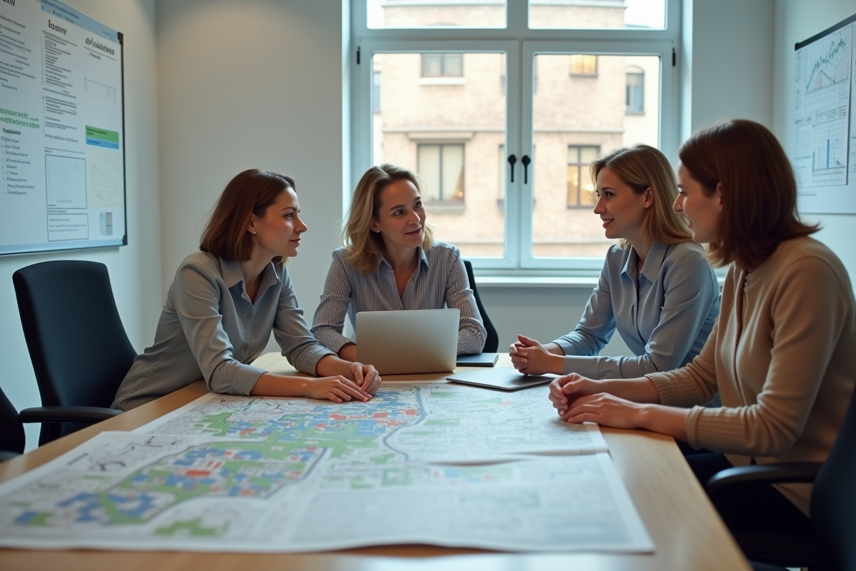 Groupe d analysts discute autour d une carte urbaine