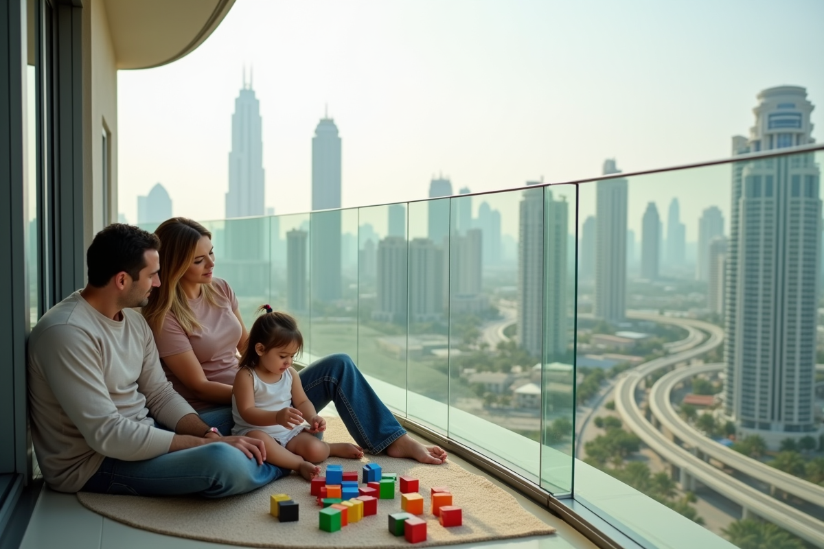 Famille sur balcon avec vue sur Dubai