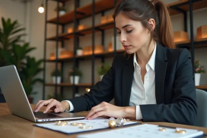 Femme d'affaires examinant un tableau de bijoux sur un ordinateur