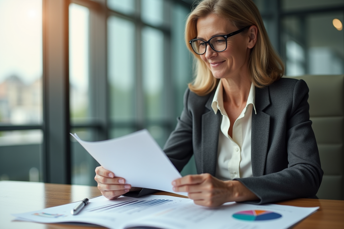 Femme d'affaires examine des brochures immobilières dans un bureau lumineux