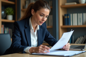 Femme d'affaires en réunion avec document PEA 2025