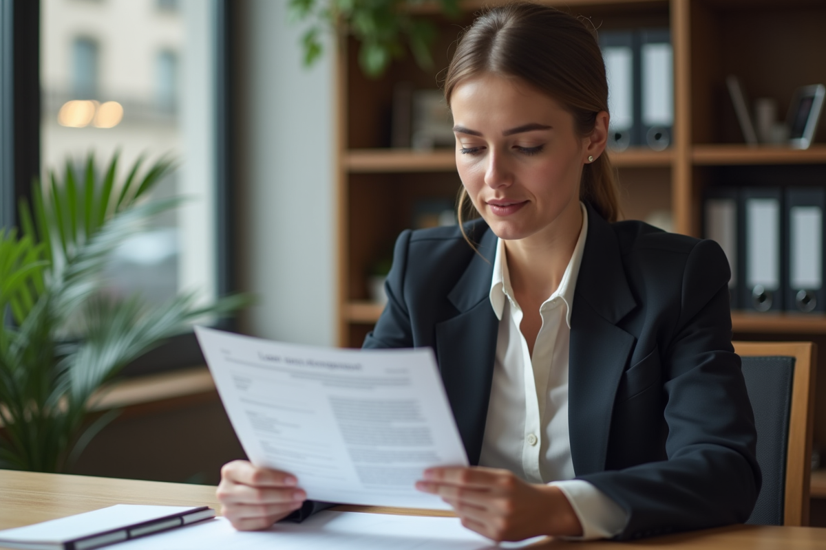 Femme d'affaires examinant un contrat de prêt au bureau