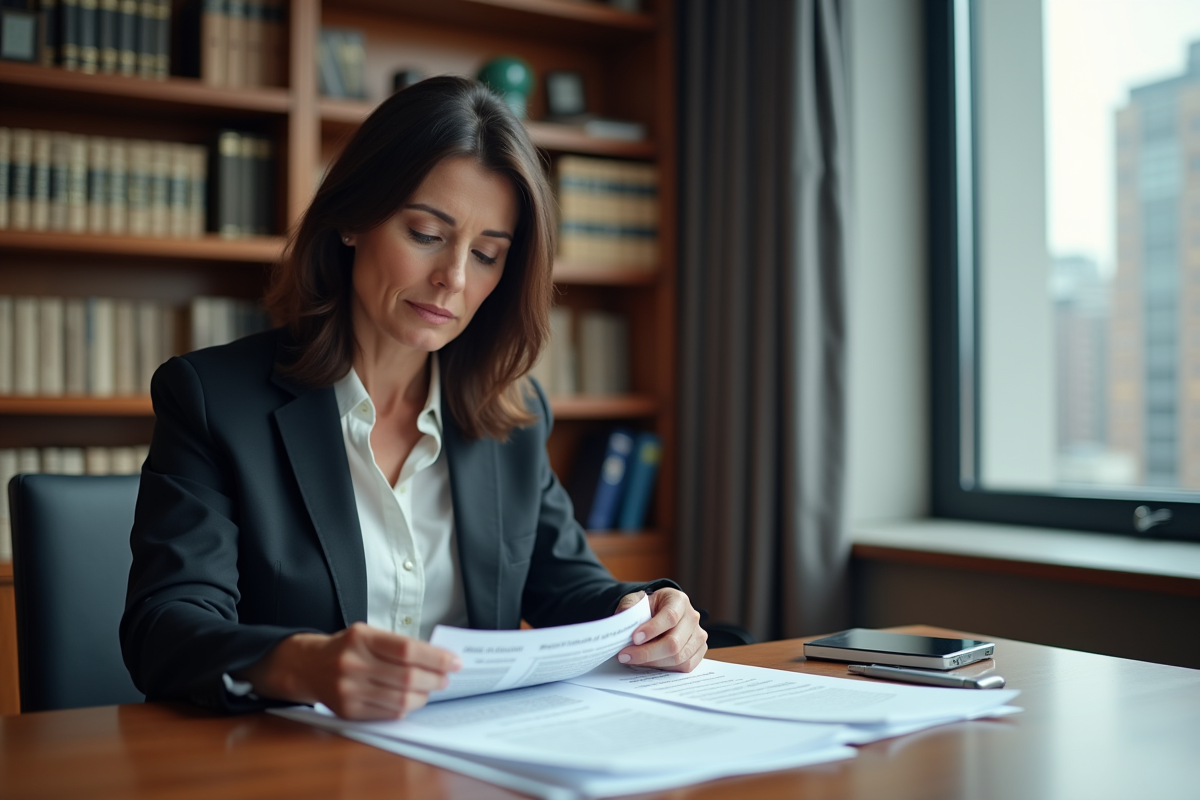 Femme d affaires examinant des documents juridiques et médicaux