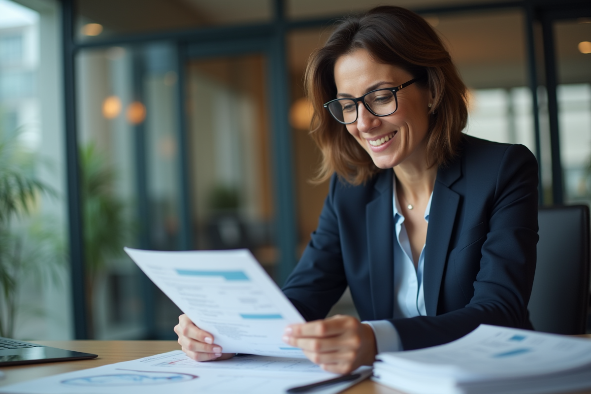 Femme d'affaires en bureau moderne lisant documents