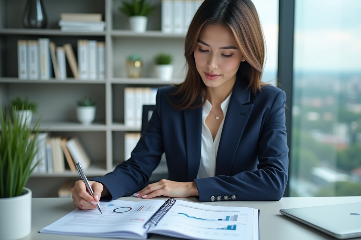 Femme d affaires en costume bleu examine un portefeuille d investissement