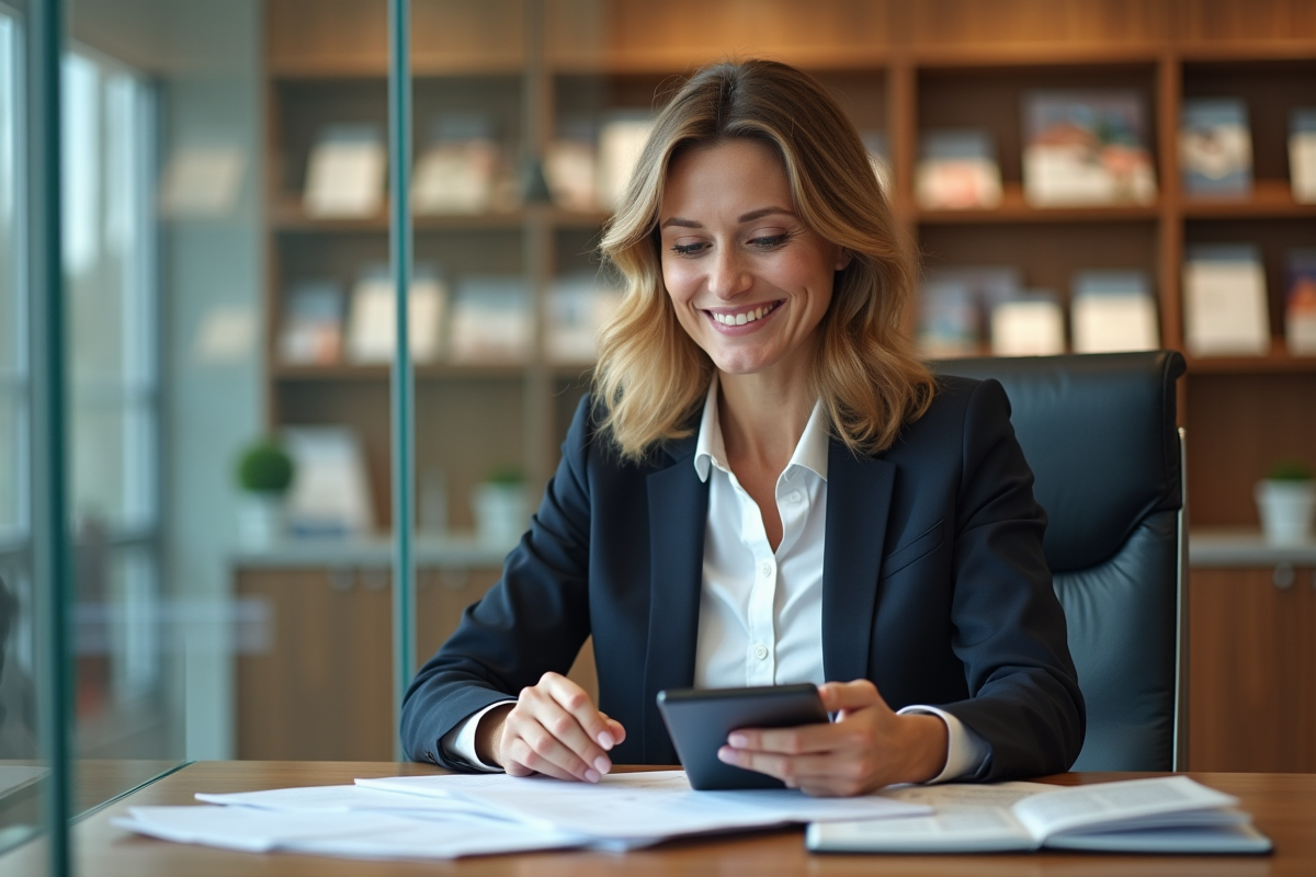 Femme d'affaires souriante dans une banque moderne