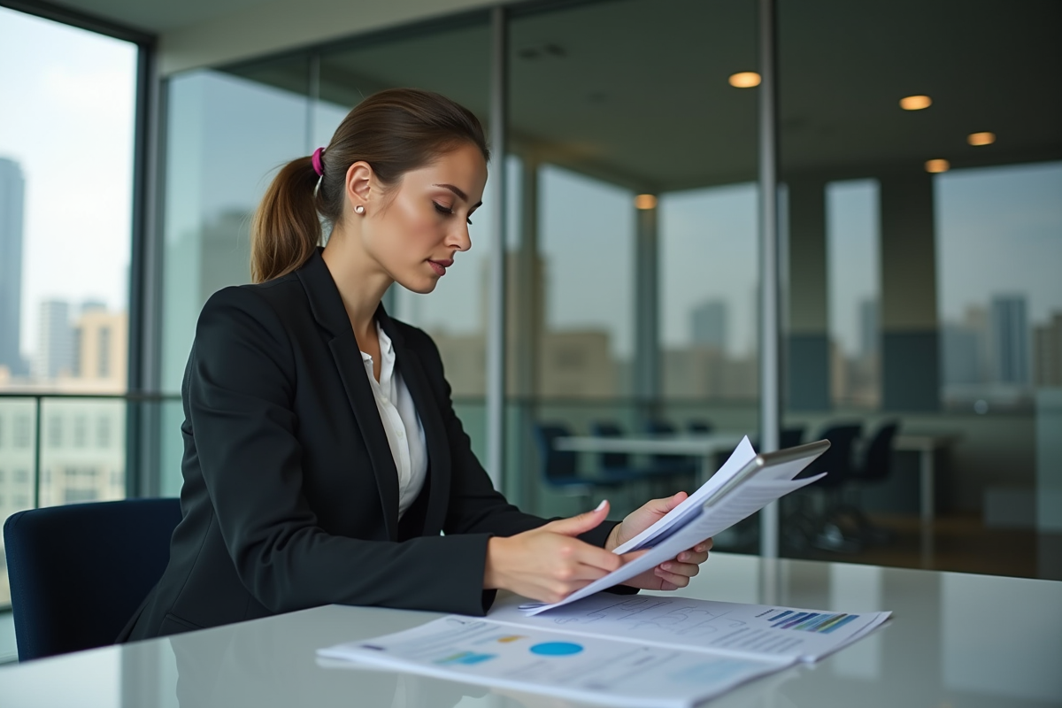 Femme d'affaires analysant des documents immobiliers