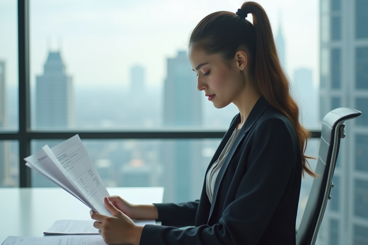 Jeune femme d affaires examinant des rapports financiers