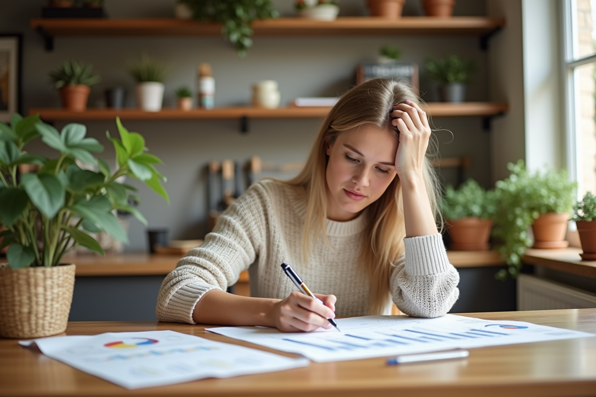 Jeune femme annotant un graphique financier à la maison