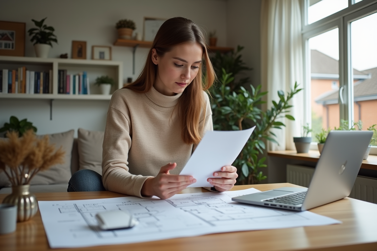 Jeune femme avec plans et ordinateur dans salon lumineux