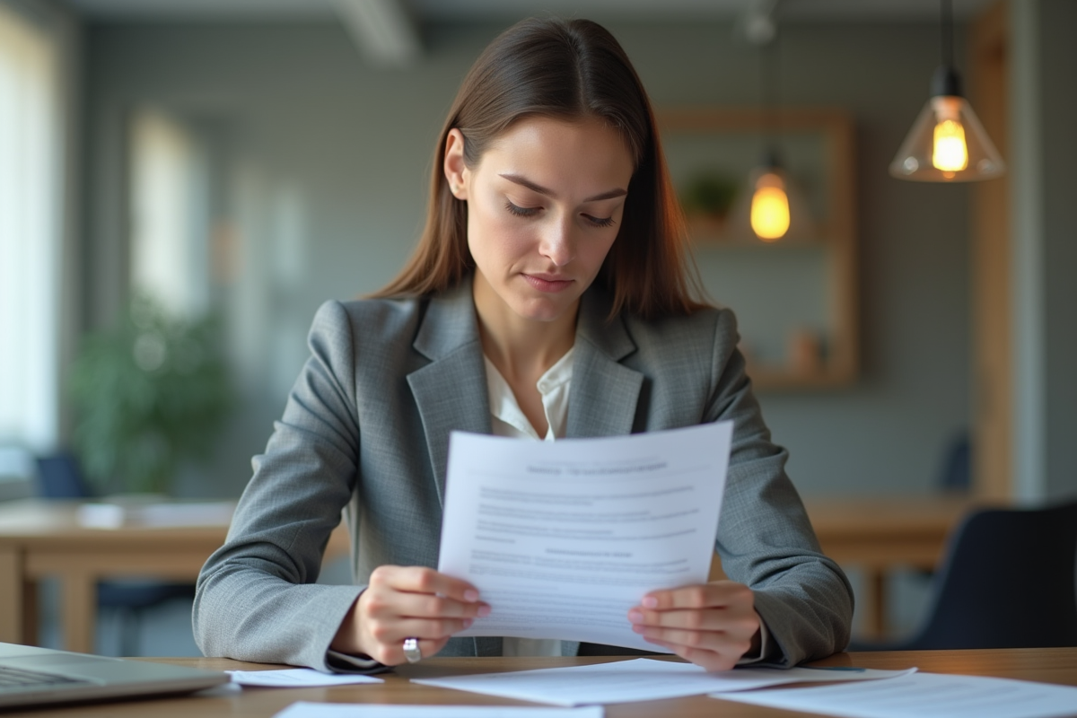 Femme professionnelle en costume gris examine une police d'assurance