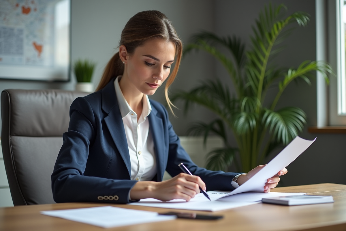 Femme d affaires confiante examine documents d assurance