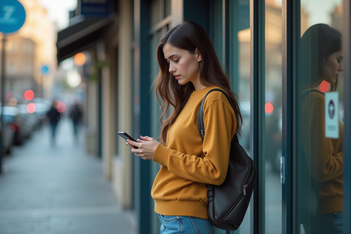 Jeune femme dehors regardant son smartphone devant banque