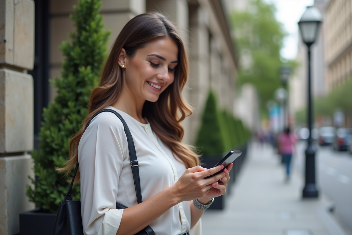 Jeune femme utilisant la biometrie sur son smartphone en ville