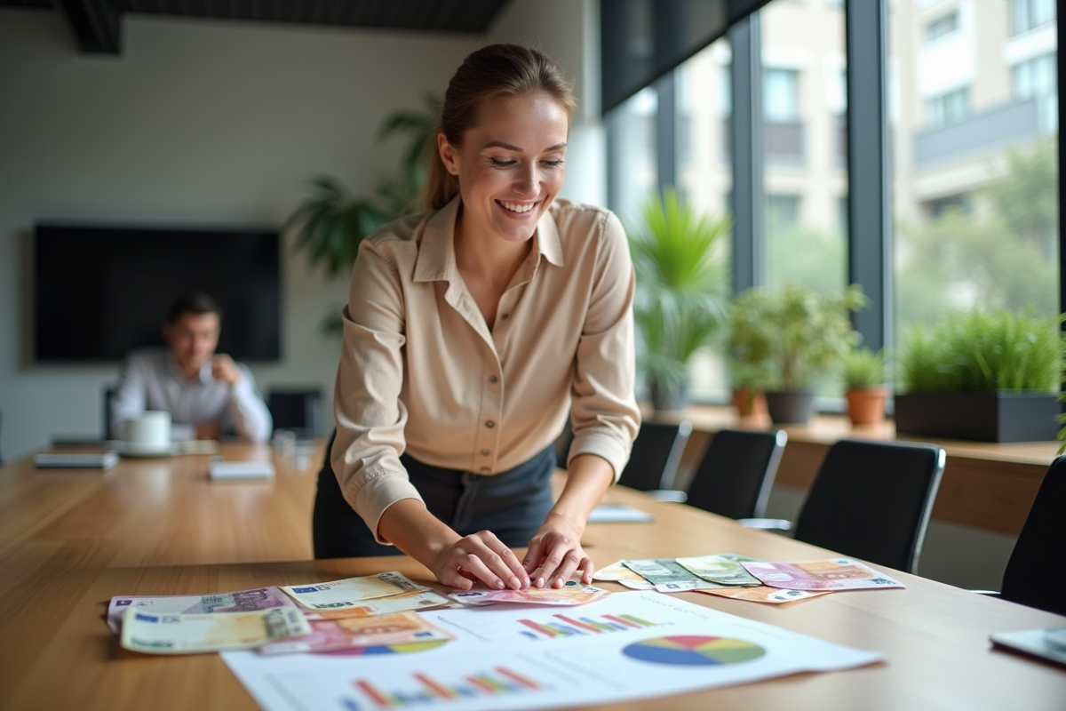 Jeune femme professionnelle arrangeant des billets euros et graphiques