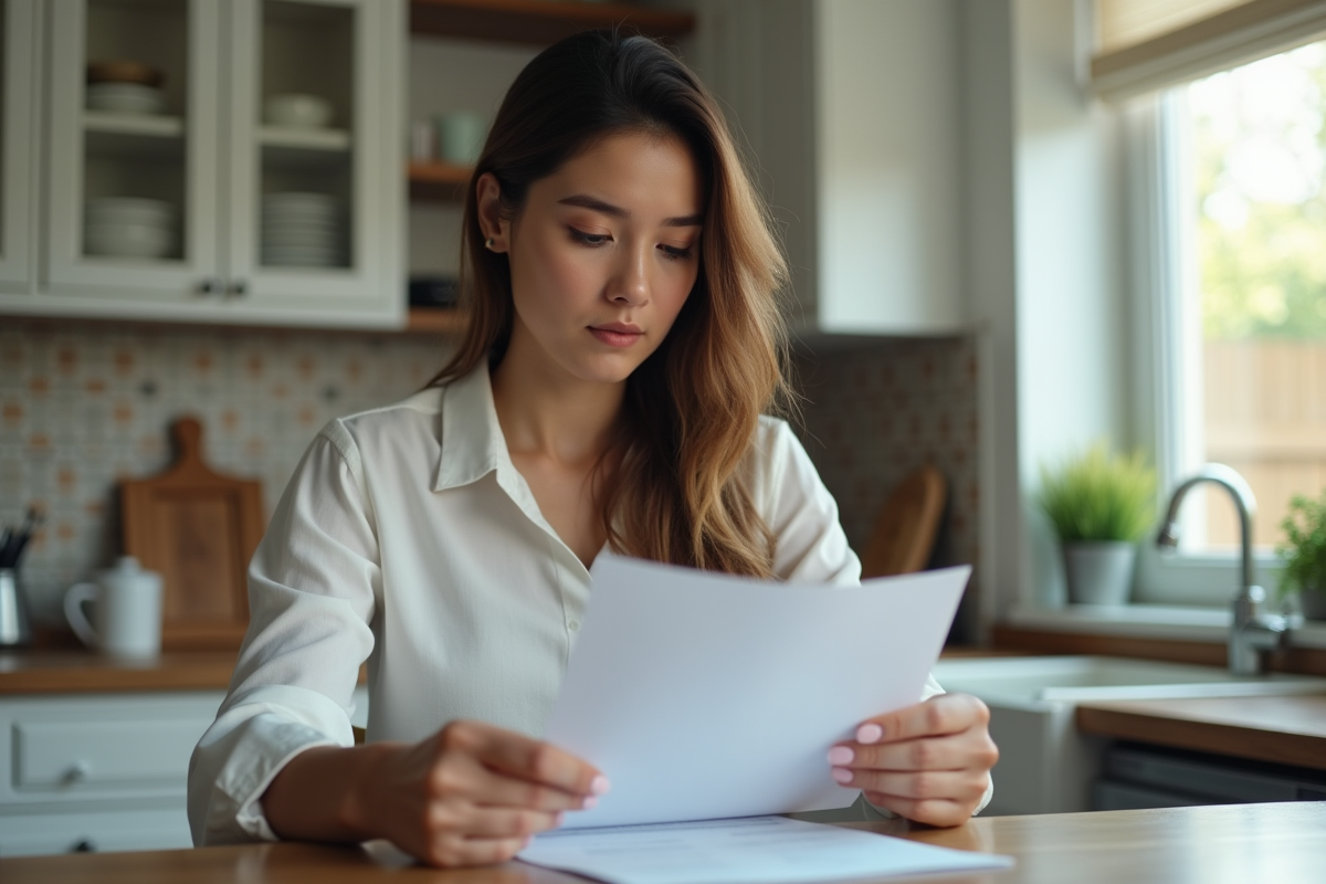 Jeune femme vérifiant une facture dans sa cuisine