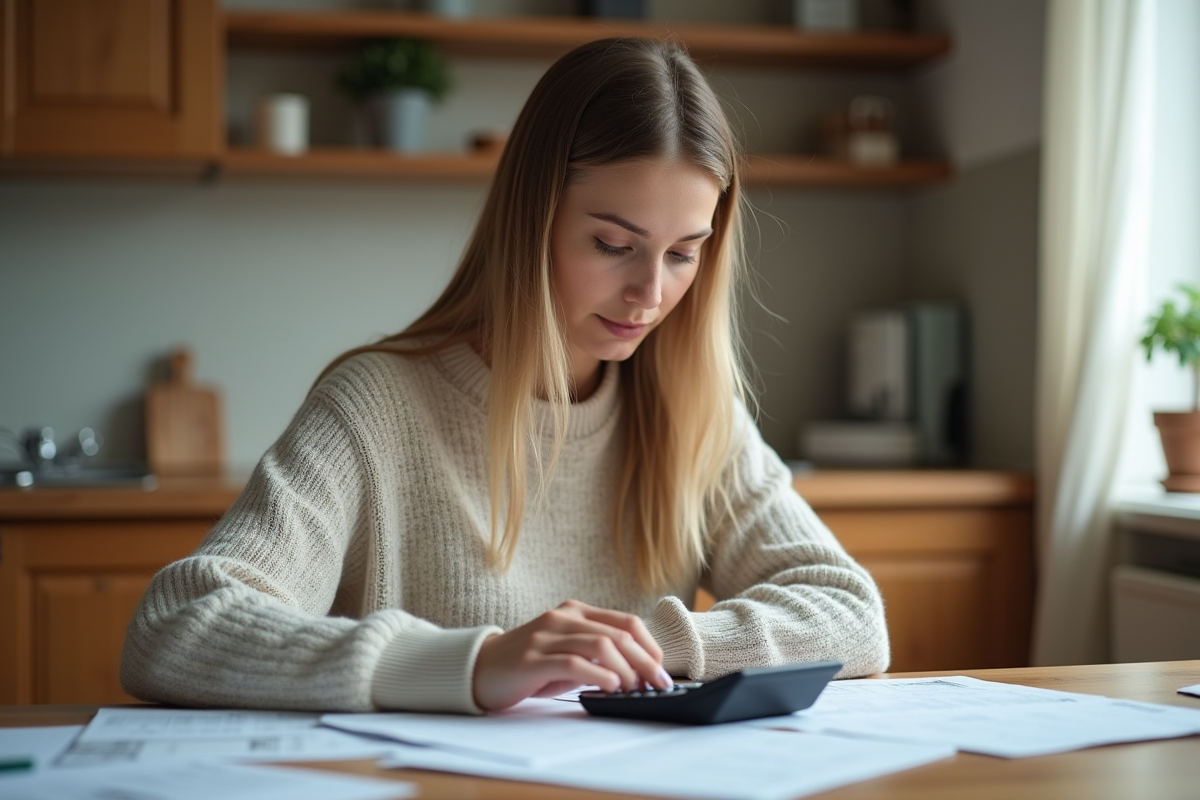 Jeune femme à la maison trie des factures avec une calculatrice