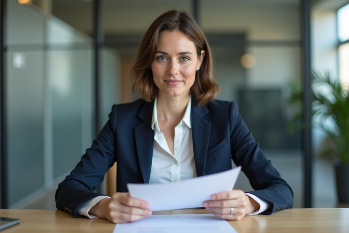 Femme en blazer navy examine des documents au bureau