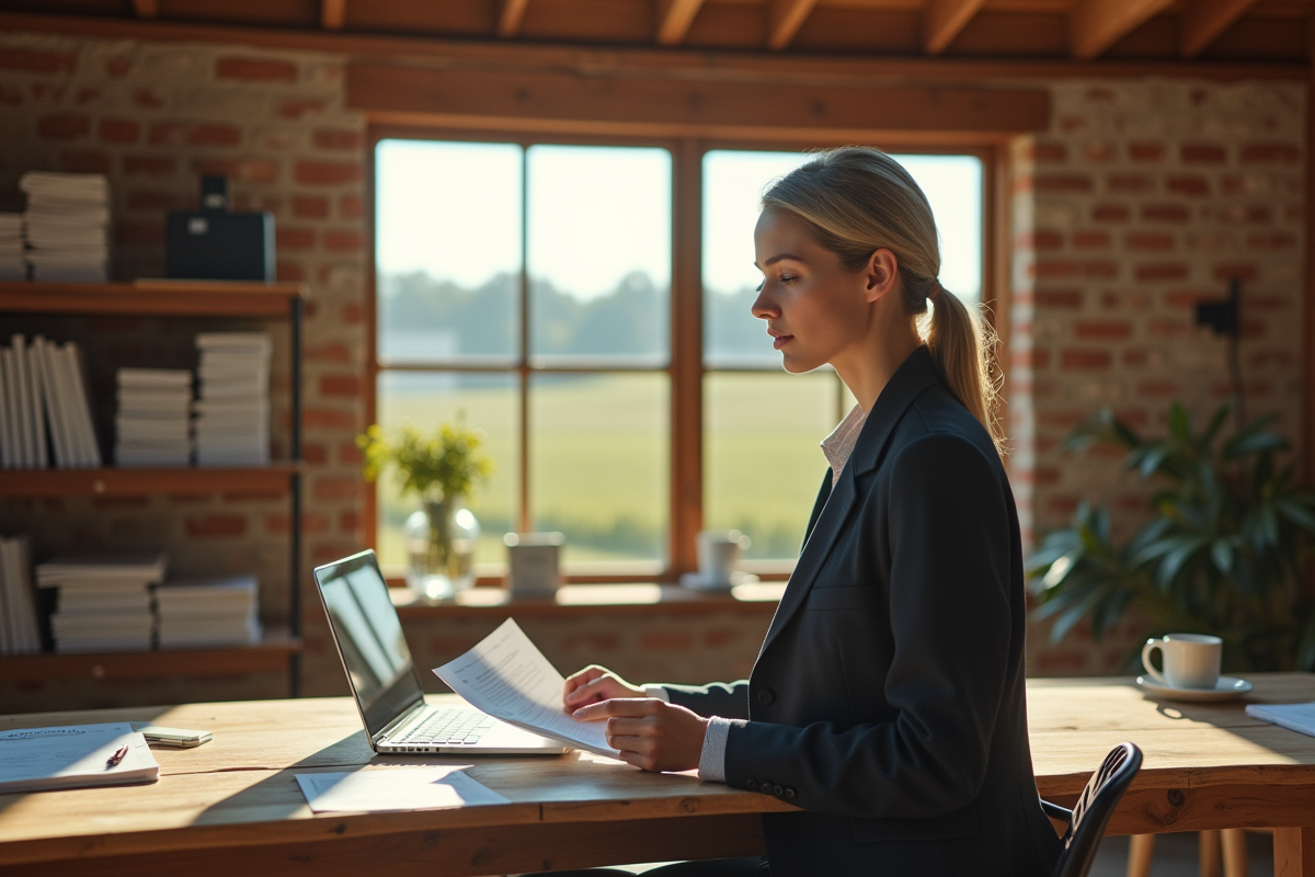 Jeune femme analysant des documents dans un bureau agricole