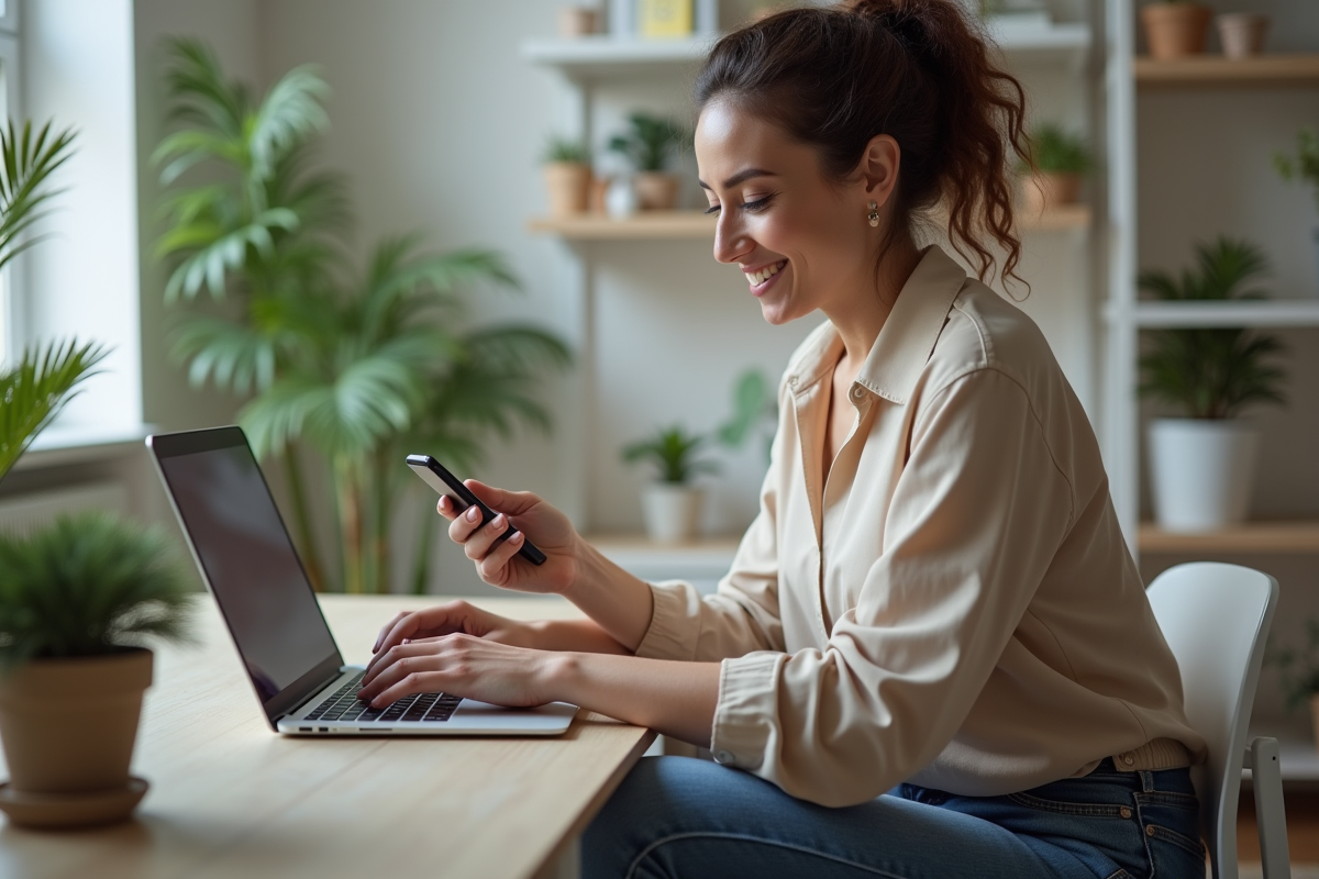 Femme au bureau moderne utilisant son ordinateur portable