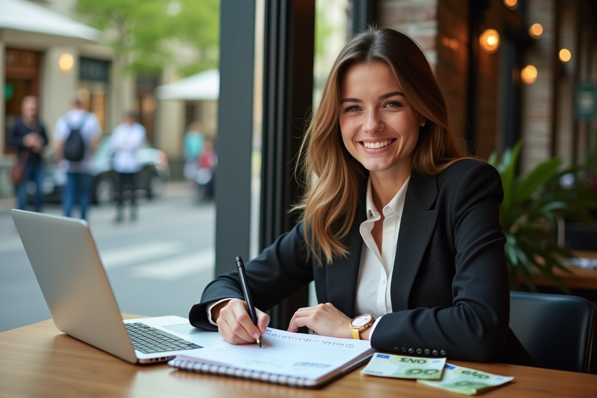 Jeune femme souriante au café utilisant un ordinateur portable