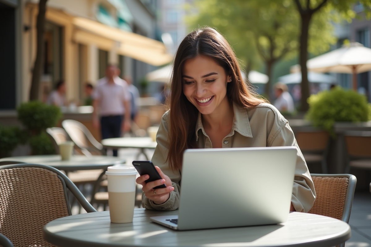 Femme souriante au café consulte son ordinateur et son téléphone