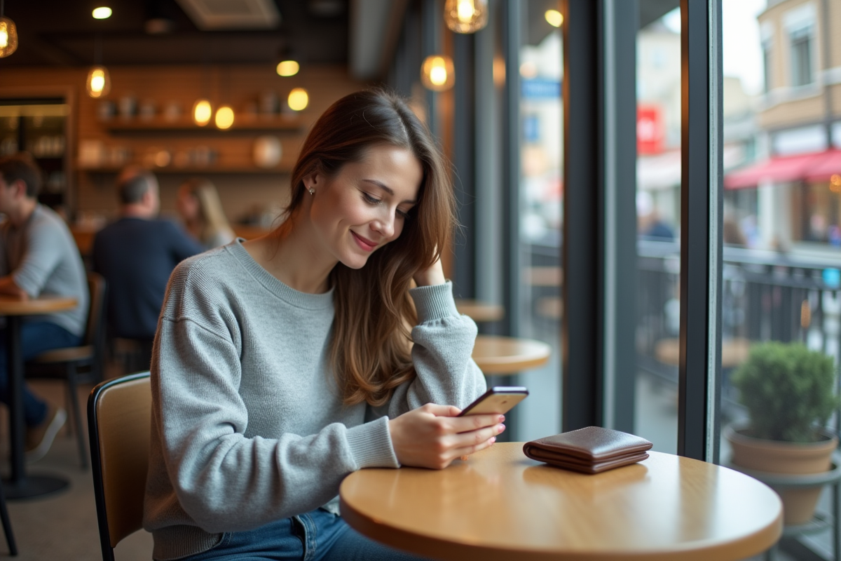 Jeune femme souriante utilisant son smartphone au café