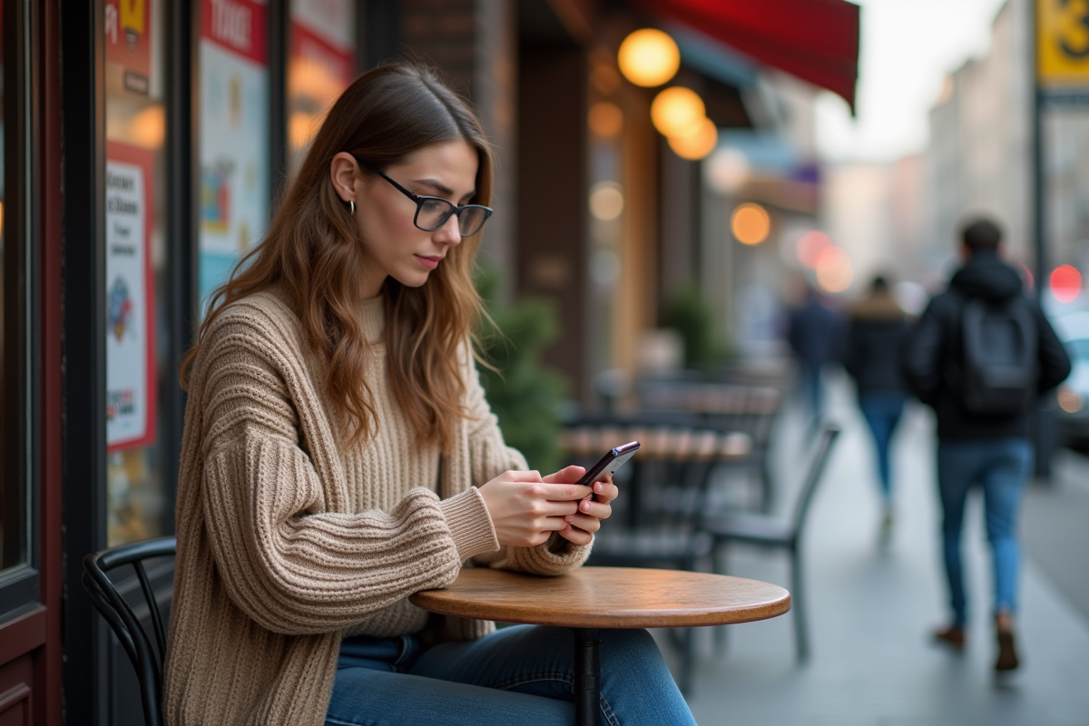 Jeune femme au café en ville vérifiant ses prix sur smartphone