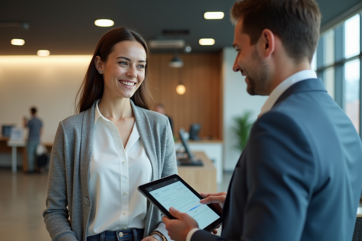 Femme souriante avec conseiller bancaire examinant une police d