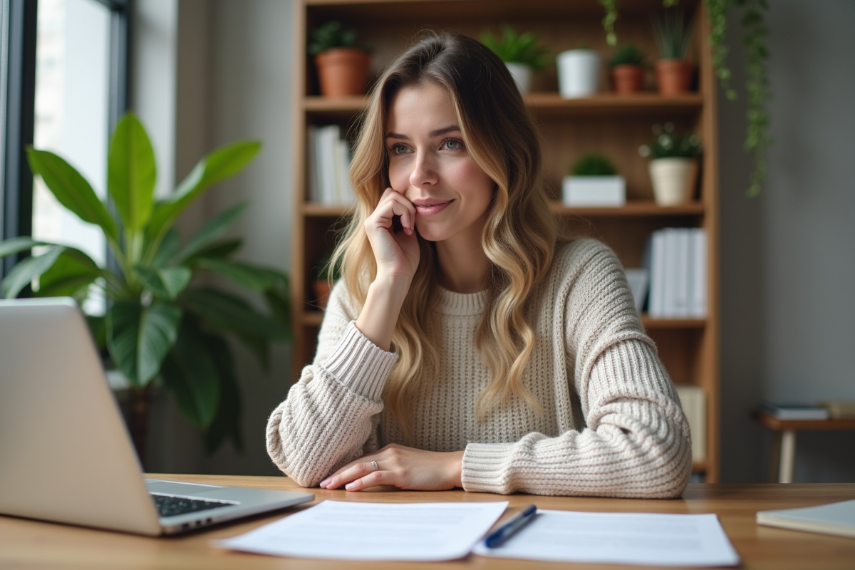 Femme examinant un contrat immobilier dans un bureau lumineux