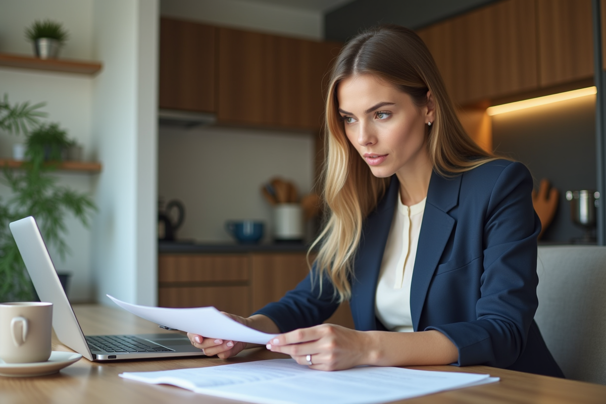 Femme d'affaires examine des documents de financement immobilier
