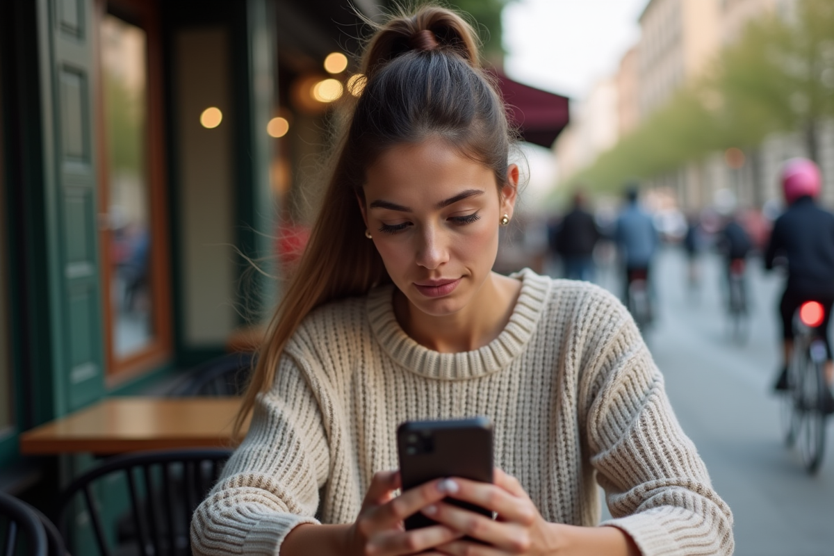 Jeune femme vérifiant son portefeuille crypto au café en extérieur