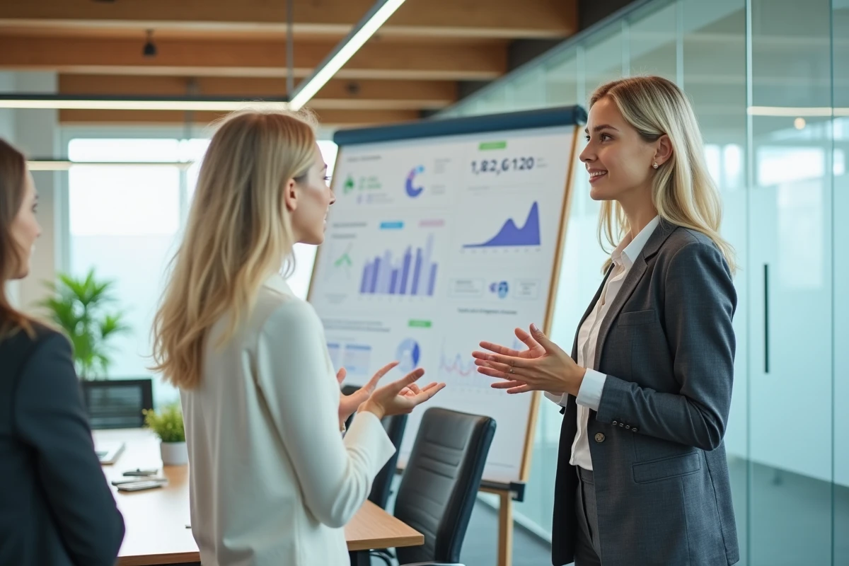 Jeune femme discutant de données de paie avec collègues