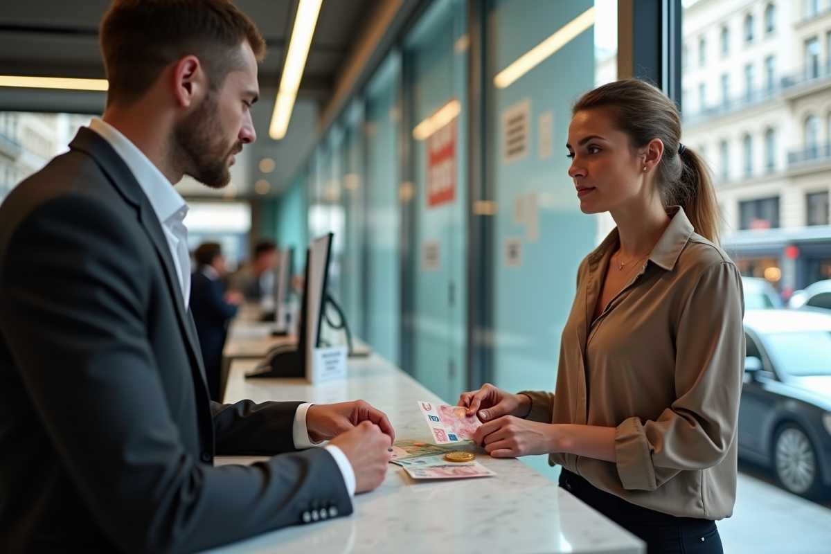Femme échangeant des euros au comptoir de change en ville