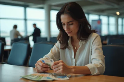 Femme comptant des billets euro et pacifique à l'aéroport