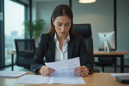 Femme en blazer étudie une fiche de paie au bureau