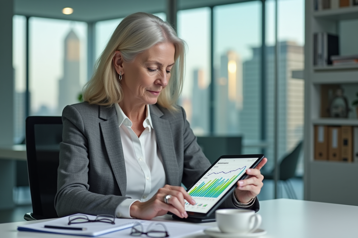 Femme professionnelle examine un graphique de retraite sur une tablette dans un bureau