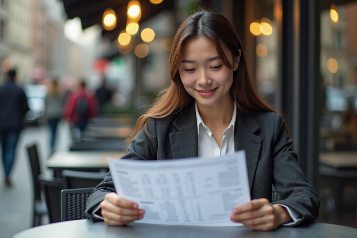 Jeune femme souriante à un café en zone urbaine
