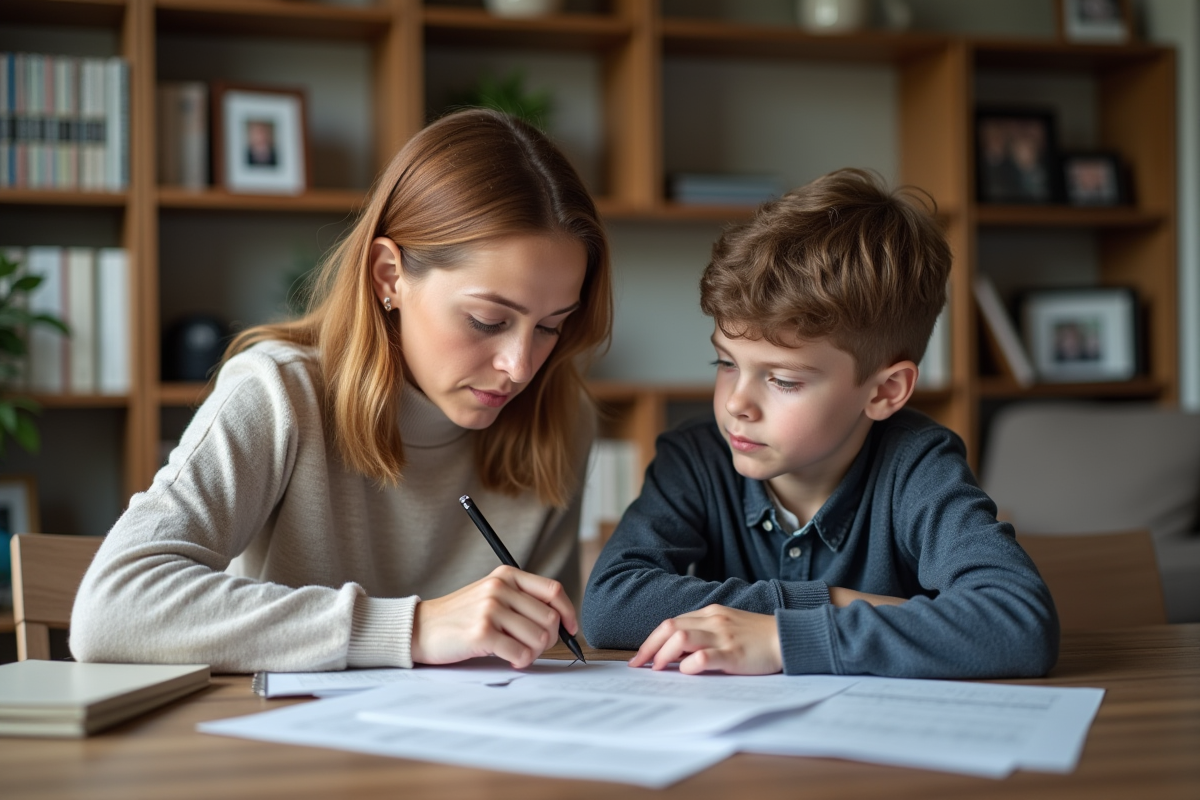 Mère et fils organisant des papiers à la maison