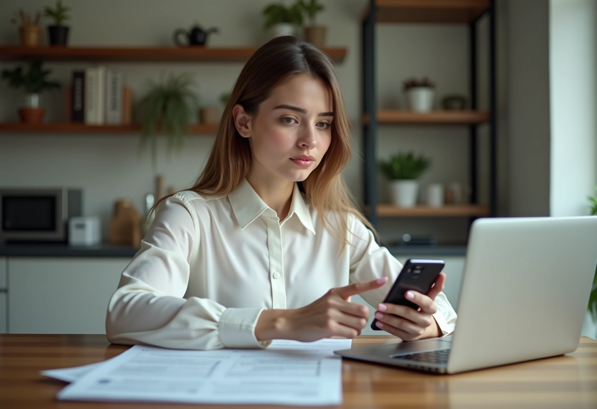 Jeune femme vérifiant ses documents fiscaux à la maison