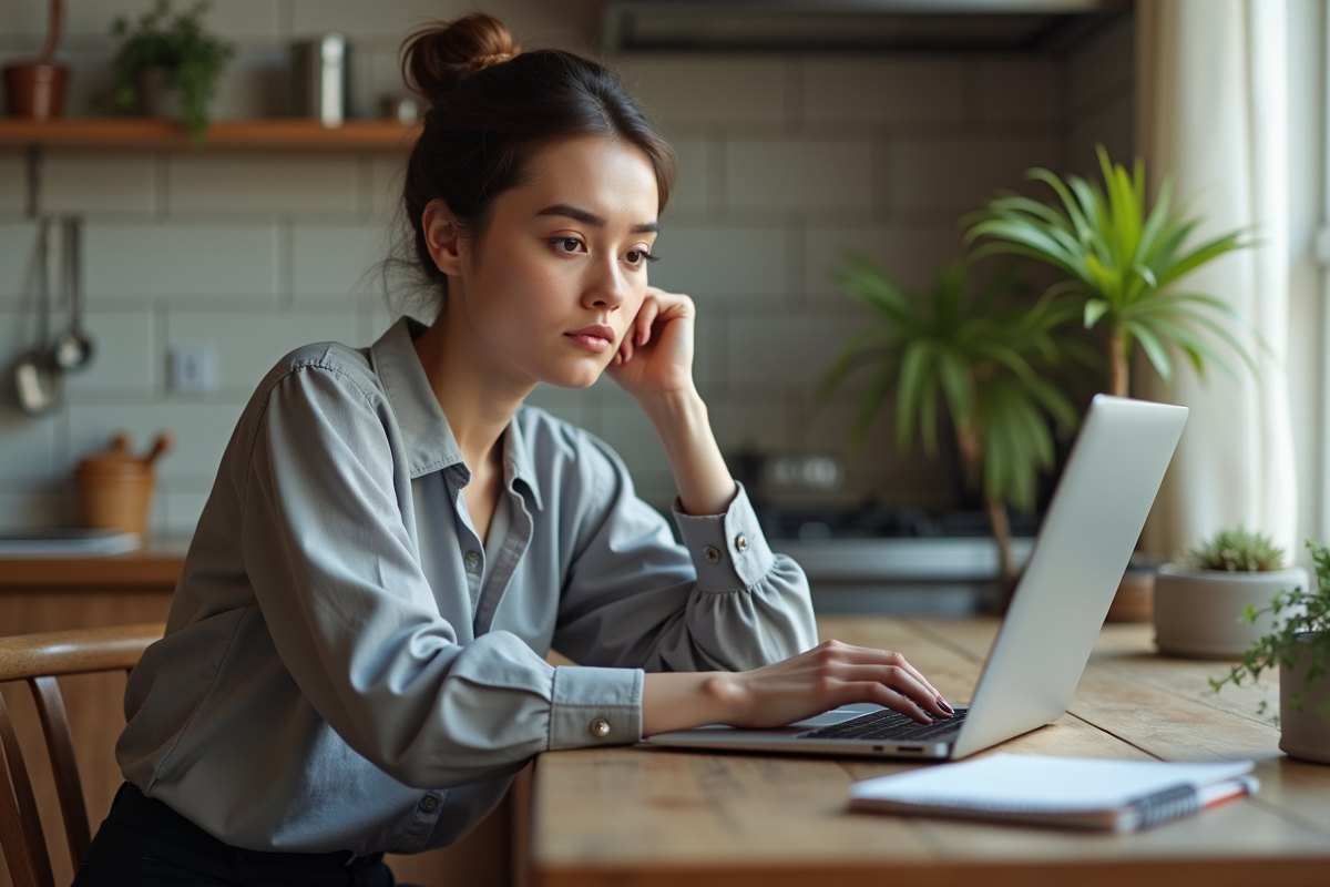 Jeune femme lit un site gouvernemental sur son ordinateur