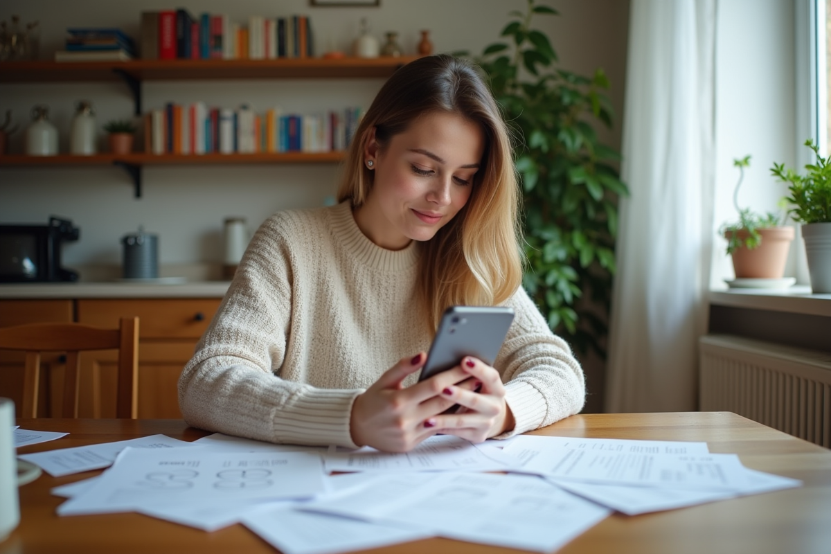 Jeune femme vérifie ses paiements à la maison